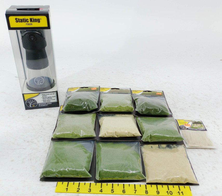 WOODLAND SCENICS STATIC KING FS639 APPLICATOR & ASSORTED STATIC GRASS PACKS, SOME OBS  INV 263331680