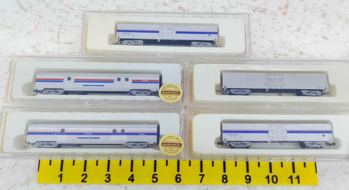 5 CON-COR N SCALE AMTRAK PHASE 3 & 4 BAGGAGE CARS & MHC BOXCARS, 5 OBS  INV 263331686