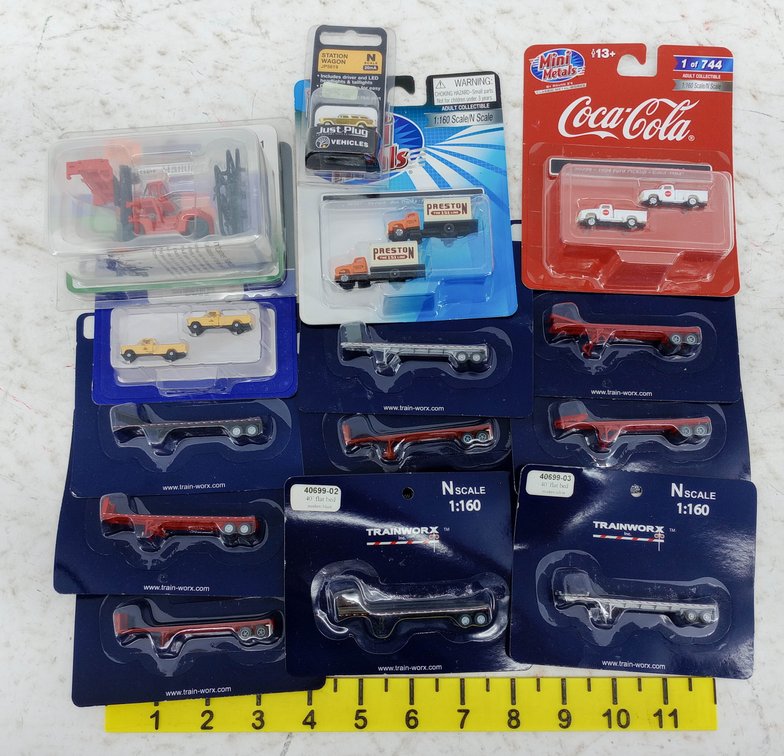 ASSORTED N SCALE MINI METALS & TRAINWORX TRUCKS & FLATBED TRAILERS, OBS  INV 263331691