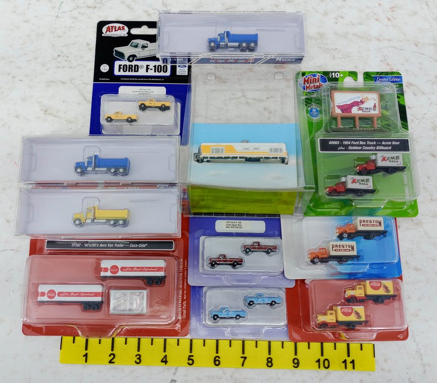 ASSORTED N SCALE ATLAS MINI METALS & TRAINWORX TRUCKS & TRAILERS, OBS  INV 263331705
