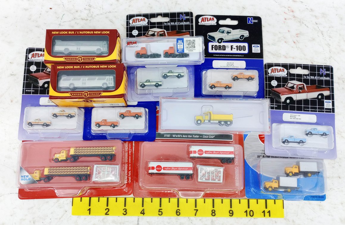 ASSORTED ATLAS N SCALE FORD F-100 PICKUPS, TRUCKS & RAPIDO BUSES, OBS  INV 263331707