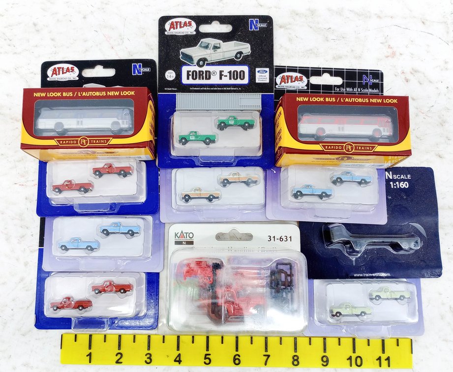 ASSORTED ATLAS N SCALE FORD F-100 TRUCKS, NEW LOOK BUSES & KATO HANDLER SOME OBS  INV 263331709