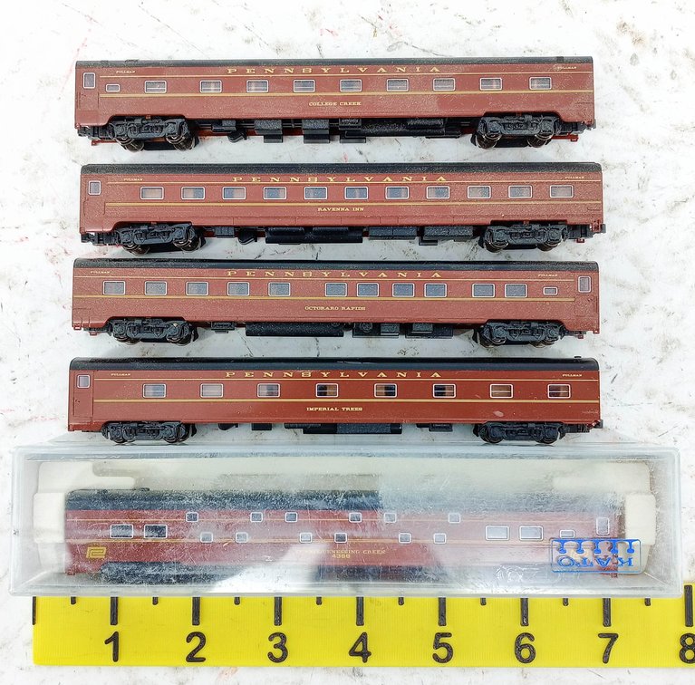 5 KATO N SCALE PENNSYLVANIA PULLMAN PASSENGER CARS, 1 OB  INV 263331727