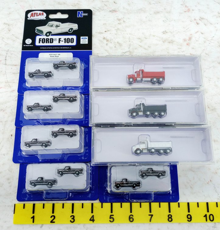 ATLAS N SCALE 5 FORD F-100 PICKUP 2-PACKS & 3 DUMP TRUCKS, 8 OBS  INV 263331729