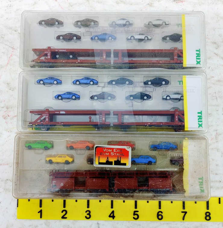 3 MINITRIX N GAUGE 15356 15357 AUTOTRANSPORTER CAR CARRIERS W/ PORSCHE & FORD LOADS, 3 OBS  INV 263331815