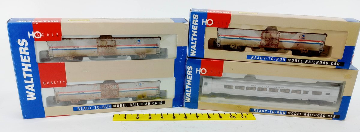 4 WALTHERS HO AMTRAK MATERIAL HANDLING CARS & NYC BUDD LOUNGE, 3 OBS  INV 263331846