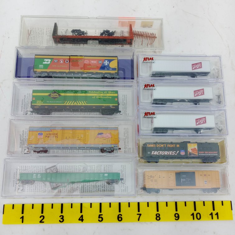 10 MICRO-TRAINS & ATLAS N SCALE FREIGHT CARS & SCHLITZ TRAILERS, 10 OBS  INV 263331919