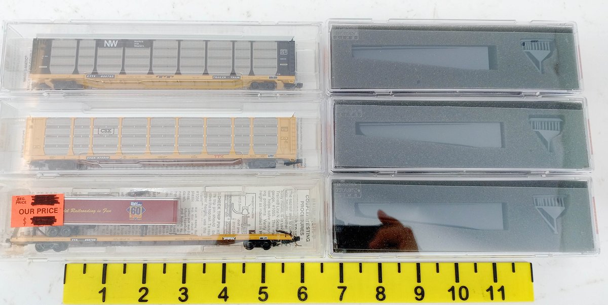 3 MICRO-TRAINS N SCALE AUTORACKS & TOFC FLAT CAR, NS CSX TTX, 6 OBS  INV 263331920