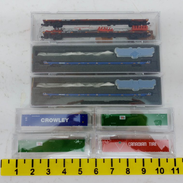 7 MICRO-TRAINS N SCALE DOD & QUAX FLAT CARS W/ TMX, CROWLEY, CANADIAN TIRE CONTAINERS, 7 OBS  INV 263331923