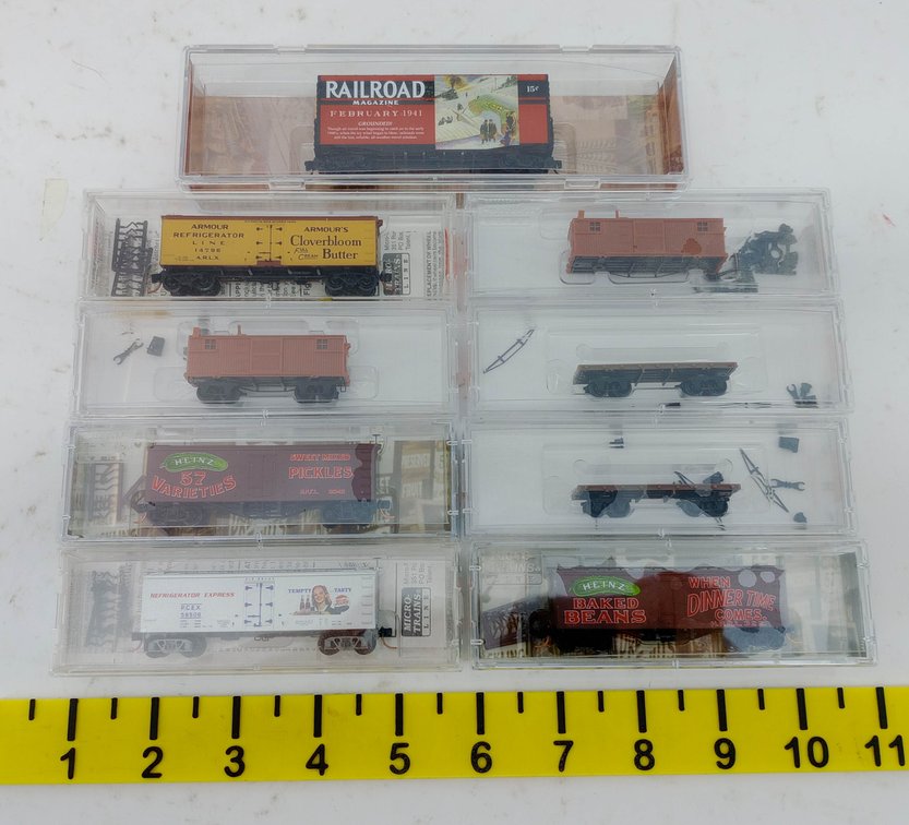 9 MICRO-TRAINS N SCALE ASSORTED HEINZ, ARMOUR, PEPSI & RAILROAD MAGAZINE CARS, 9 OBS  INV 263331930