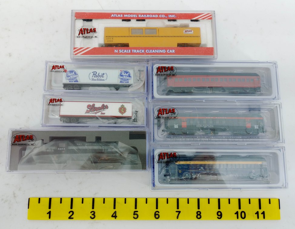 7 ATLAS N SCALE TRAIN CARS, NYC RS-2, TRACK CLEANER, PASSENGER CARS & TRAILERS, 7 OBS  INV 263331933