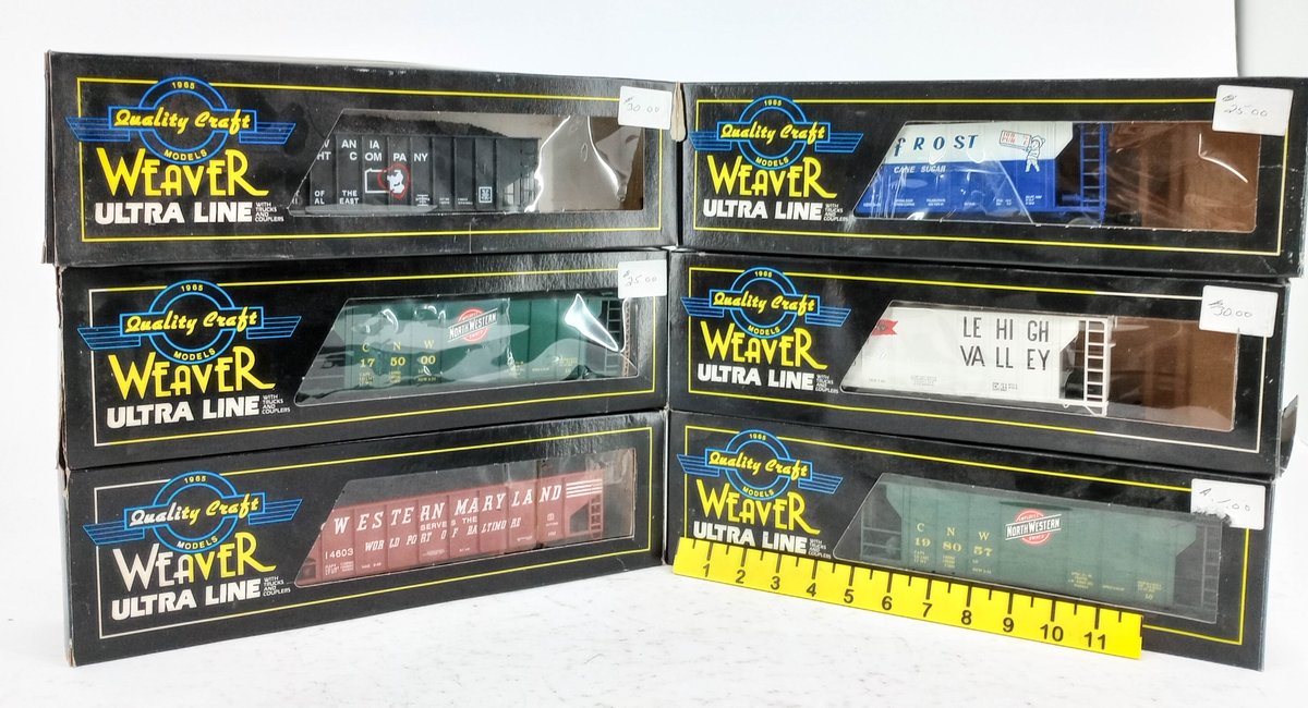 6 WEAVER ULTRA LINE O GAUGE 3-RAIL HOPPERS CNW, LEHIGH VALLEY, WESTERN MARYLAND, 6 OBS  INV 263390054