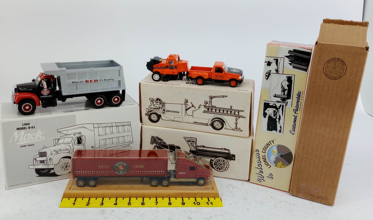 4 DIE-CAST TRUCKS FIRST GEAR MACK B-61 DUMP TRUCK WINSTON CUP SEMI LIONEL COUNTY SWEEPER & PICKUP 4 OB  INV 263390068
