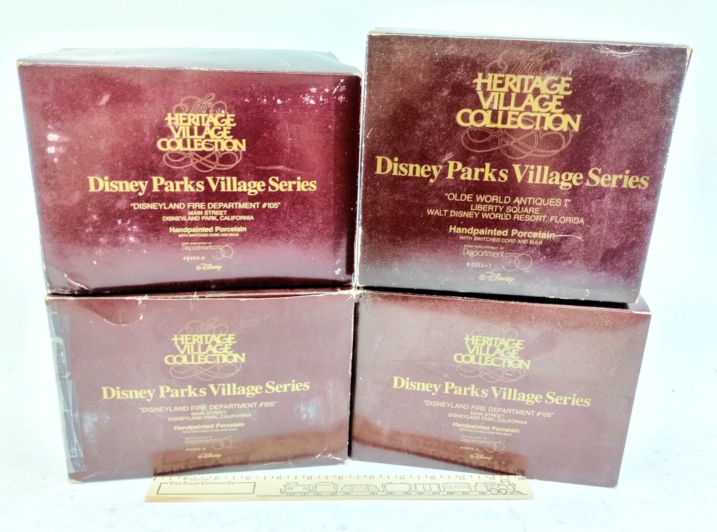 4 DEPARTMENT 56 DISNEY PARKS VILLAGE SERIES LIGHTED PORCELAIN BUILDINGS FIRE DEPT & OLDE WORLD ANTIQUES 4 OB INV 263390143