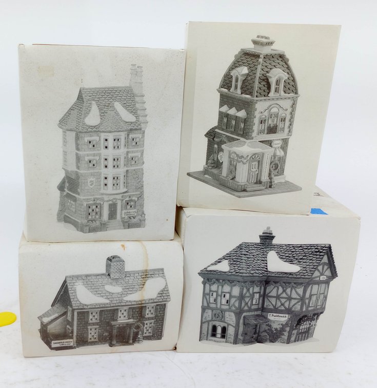 4 DEPARTMENT 56 HERITAGE VILLAGE LIGHTED PORCELAIN HOUSES NEPHEW FRED'S FLAT HABERDASHERY PUDDLEWICK & SHINGLE CREEK 4 OB INV 263390147