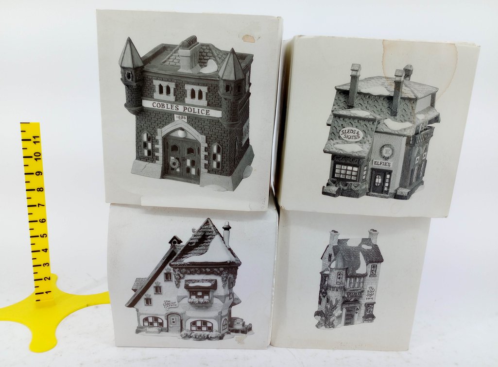 4 DEPARTMENT 56 HERITAGE VILLAGE LIGHTED HOUSES GLACIER GAZETTE COBLES POLICE ELFIE'S WOOL SHOP 4 OB INV 263390149