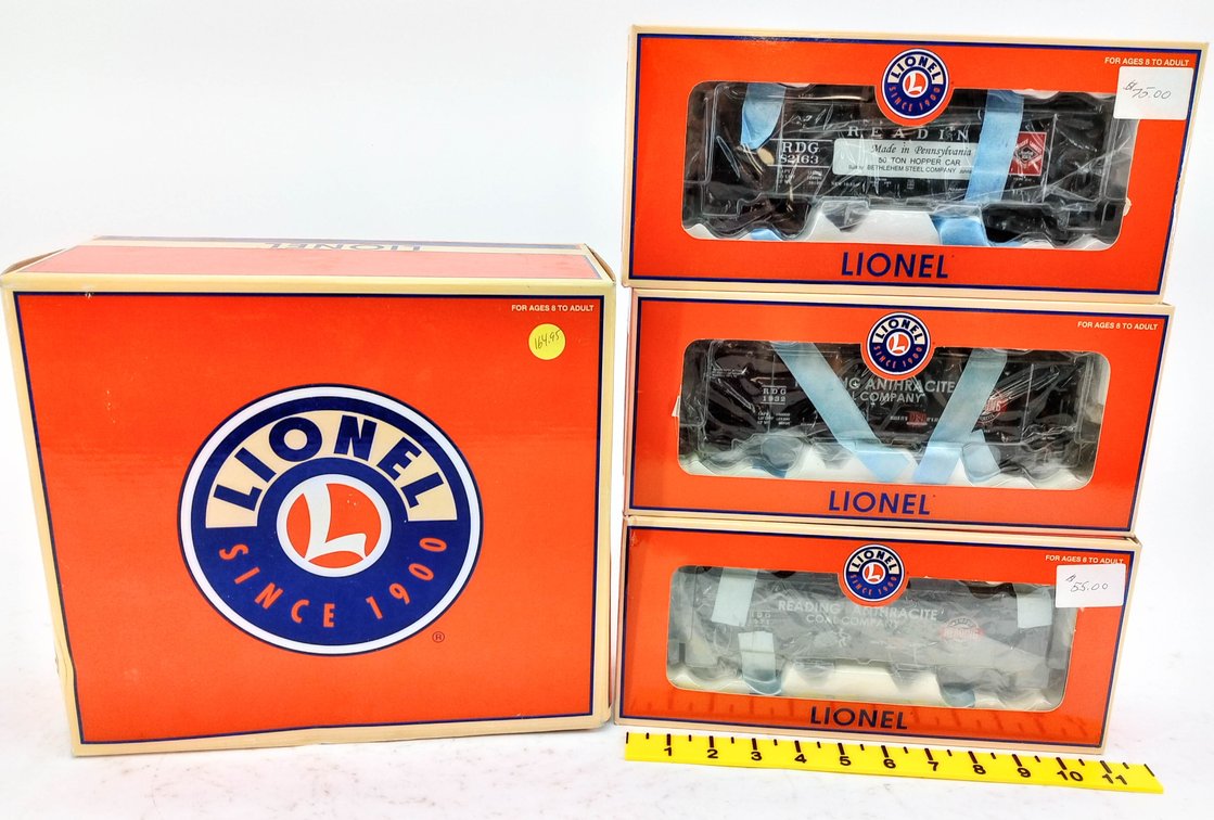 3 LIONEL READING ANTHRACITE COAL CO HOPPERS, 3 OBS & SHIPPING BOX INV 263390157
