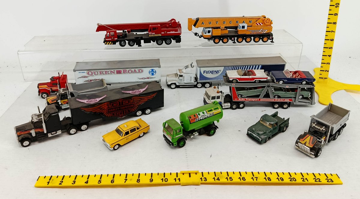 ASSORTED DIE-CAST TRUCKS AUTOCRANE FIRE DEPT CRANE QUEEN OF THE ROAD HARLEY-DAVIDSON FLEXFAB AUTO TRANSPORT & MORE  INV 260740123