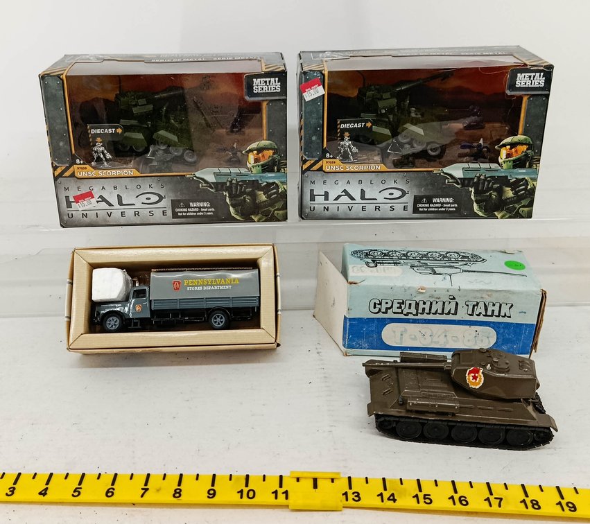 4 DIE-CAST MILITARY & TRUCK TOYS 2 MEGA BLOKS HALO UNSC SCORPION T-34-85 TANK PENNSYLVANIA STORES TRUCK 4 OB  INV 260740126
