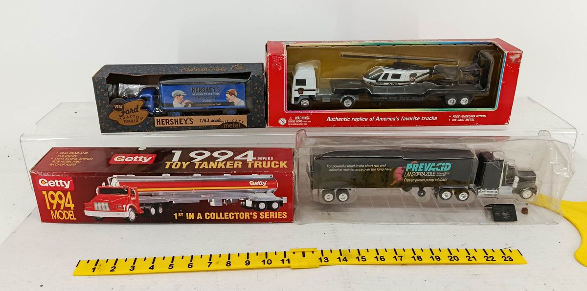 4 DIE-CAST TRUCKS ERTL HERSHEY'S 1937 FORD ROAD TOUGH PA STATE POLICE GETTY TANKER PREVACID 3 OB  INV 260740127