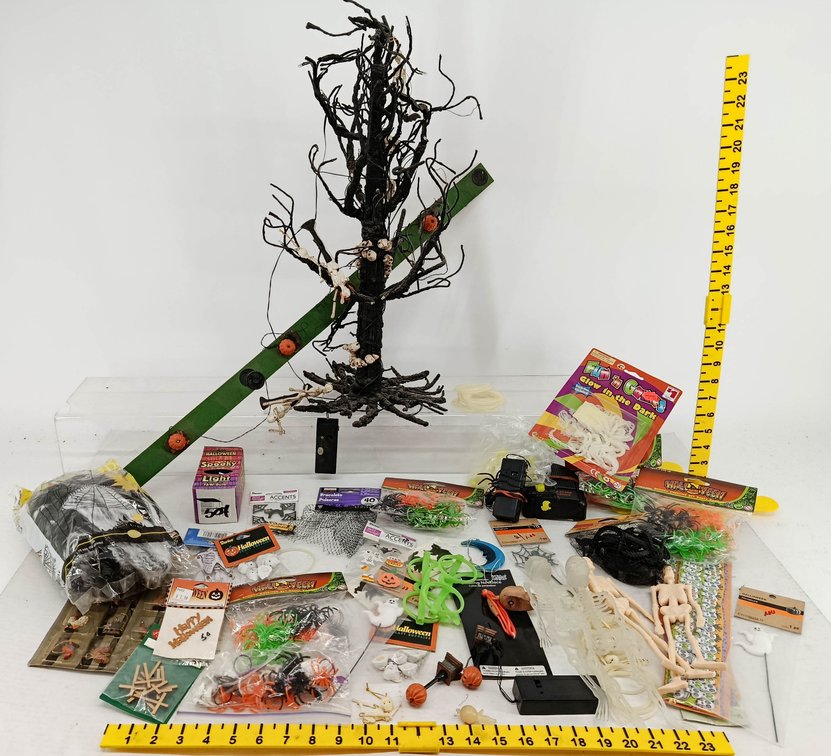 ASSORTED HALLOWEEN DECOR LIGHT-UP SPOOKY TREE WITH SKELETONS DARICE SPIDERS GLOW SKELETONS WEB & CRAFT SUPPLIES SOME OBS  INV 260740147