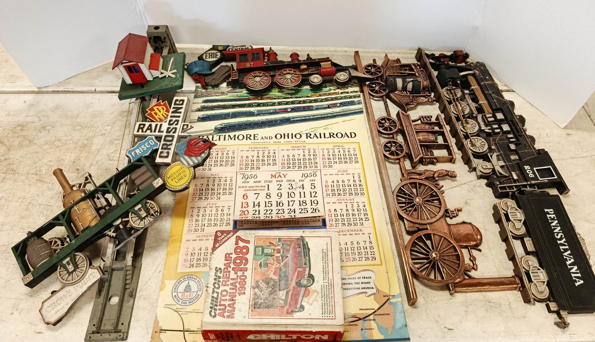 ASSORTED RAILROAD WALL PLAQUES, B&O 1956 CALENDAR, CHILTON MANUAL, CROSSING SHED  INV 260740149
