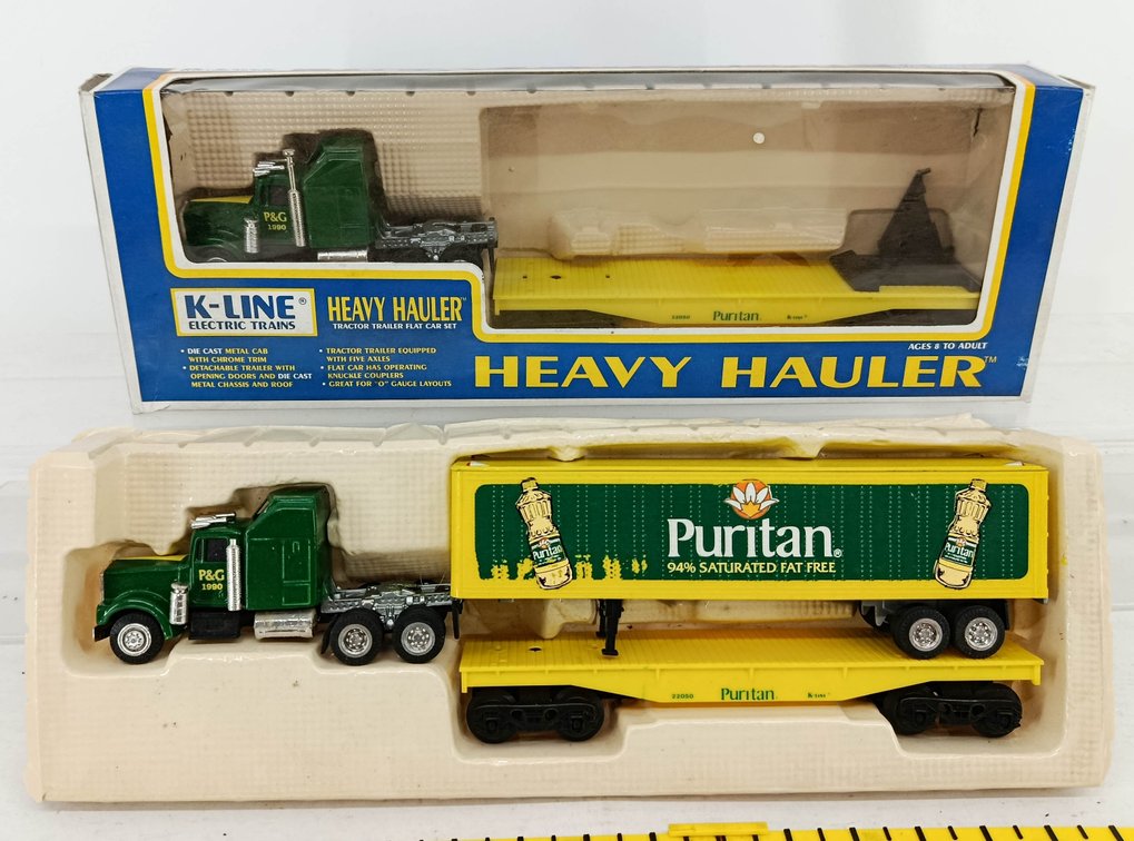 2 K-LINE 22050 PURITAN HEAVY HAULER TRACTOR TRAILER FLAT CAR SET, OB  INV 260740150