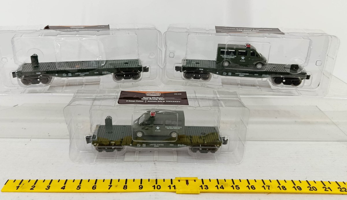 3 MENARDS GOLD LINE 279-3449 US ARMY O GAUGE FLATCARS W/ 2 VANS, 3 OBS  INV 260740151