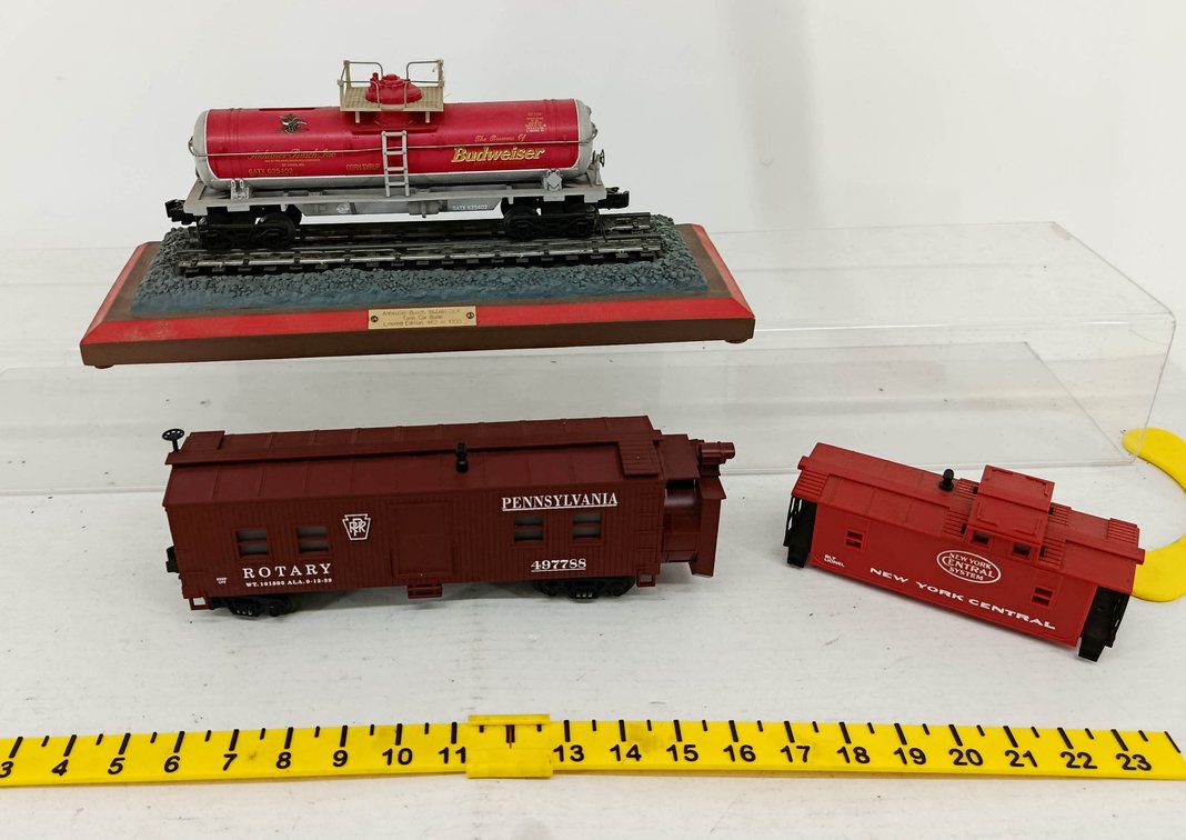 3 TRAIN CARS: BUDWEISER TANK CAR BANK ON BASE, PENNSYLVANIA ROTARY SNOW PLOW, NYC CABOOSE NNC  INV 260740153