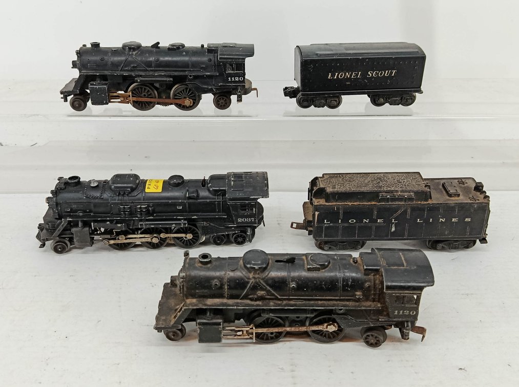 3 LIONEL 1120 & 2037 STEAM LOCOMOTIVES W/ LIONEL SCOUT & LIONEL LINES TENDERS  INV 260740152