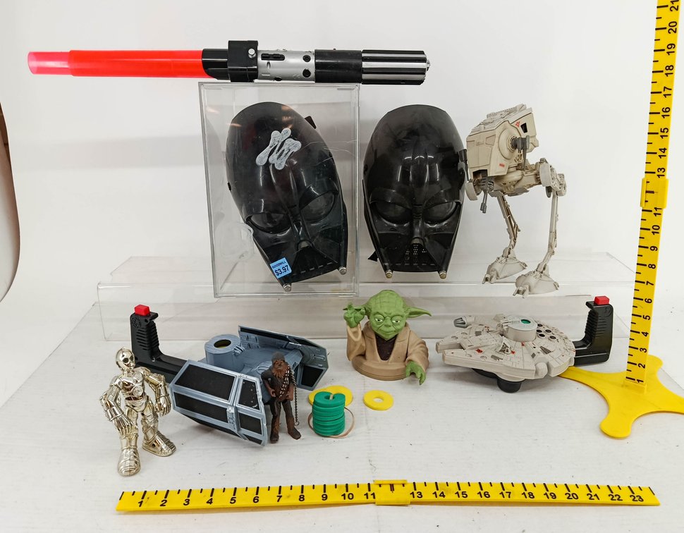 ASSORTED STAR WARS TOYS 2 DARTH VADER MASKS LIGHTSABER AT-ST MILLENNIUM FALCON YODA C-3PO CHEWBACCA TIE FIGHTER  INV 260900971