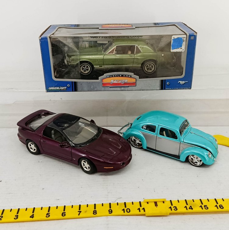 3 DIE-CAST CARS GREENLIGHT 1967 FORD MUSTANG COUPE PURPLE PONTIAC FIREBIRD & TEAL VW BEETLE 1 OB  INV 260900972