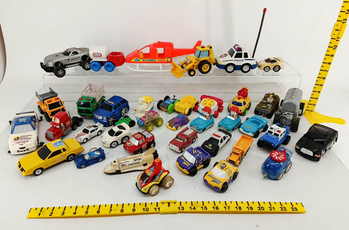 ASSORTED TOY VEHICLES LITTLE TIKES VIPER PLAYSKOOL POLICE WEATHER COPTER NASA SHUTTLE RACE CARS & TRUCKS  INV 260900977