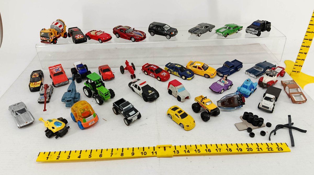 ASSORTED DIE-CAST & PLASTIC TOY CARS TRUCKS TRACTORS & MONSTER TRUCKS POLICE CAR CEMENT MIXER  INV 260900980