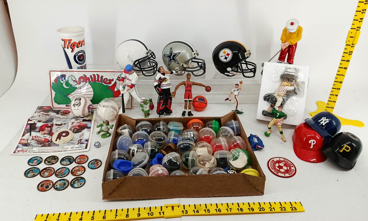ASSORTED SPORTS COLLECTIBLES MINI HELMETS 1964 TOPPS COINS PHILLIES LICENSE PLATE FIGURES & CAPSULE TOYS  INV 260900987