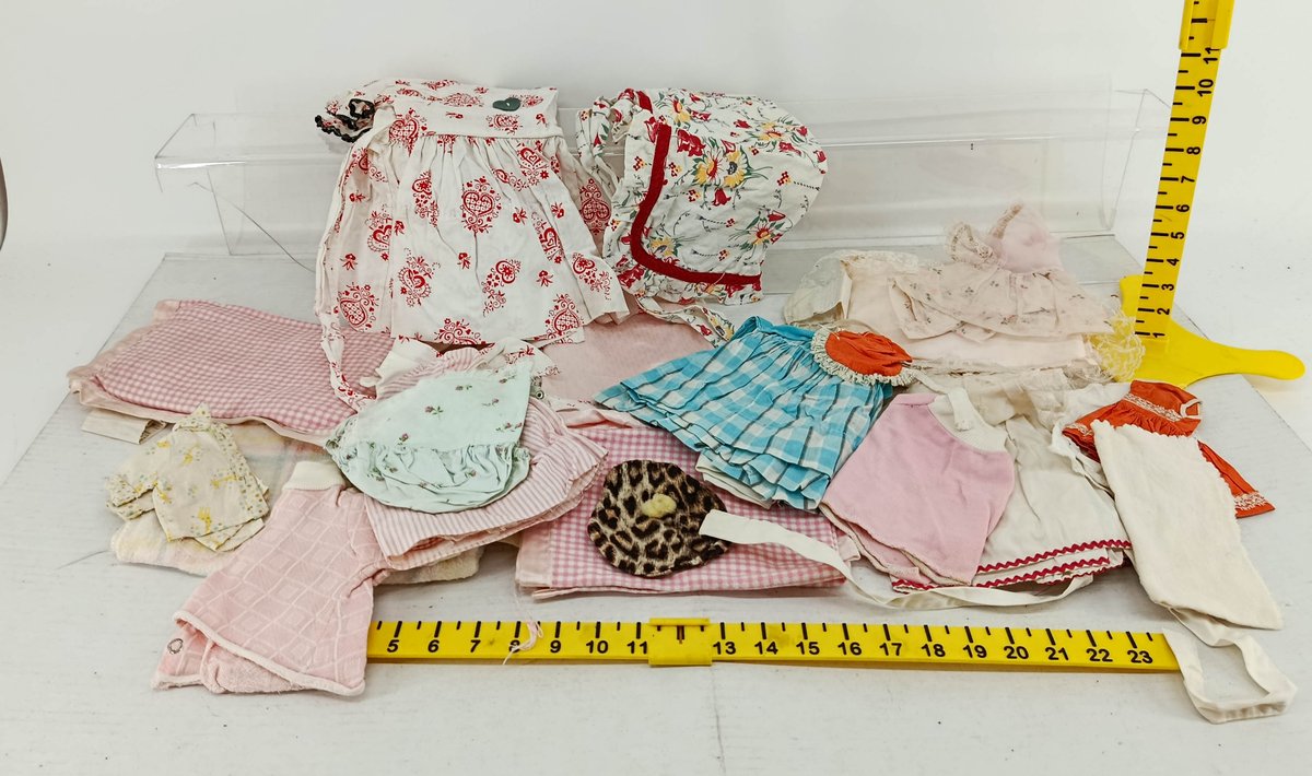 ASSORTED DOLL CLOTHES DRESSES BONNETS PINK GINGHAM & FLORAL OUTFITS LEOPARD PRINT HAT  INV 260900990
