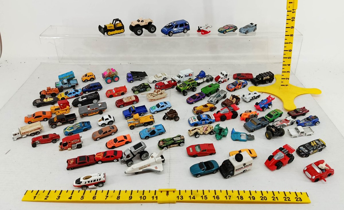 ASSORTED DIE-CAST & PLASTIC TOY VEHICLES TONKA BULLDOZER MONSTER TRUCK GOODYEAR VAN FEDEX TRUCK & OTHER BRANDS  INV 260900994
