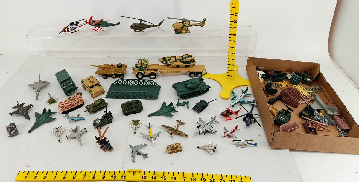 ASSORTED MILITARY TOY LOT HELICOPTERS PLANES TANKS TRUCKS BRIDGE SOLDIERS & ACCESSORIES  INV 260900999