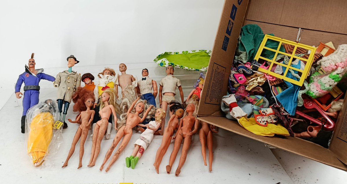 ASSORTED FASHION DOLLS & ACTION FIGURES INSPECTOR GADGET DR CLAW VELMA KEN TYPE WITH BOX OF DOLL CLOTHES & ACCESSORIES  INV 260901003