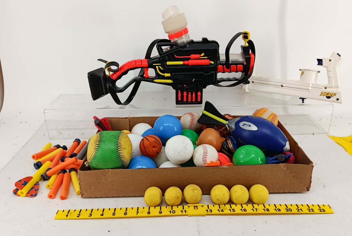 NERF BALL BLASTER & NERF LAUNCHER WITH ASSORTED FOAM BALLS DARTS & VORTEX T3 FOOTBALL  INV 260901011
