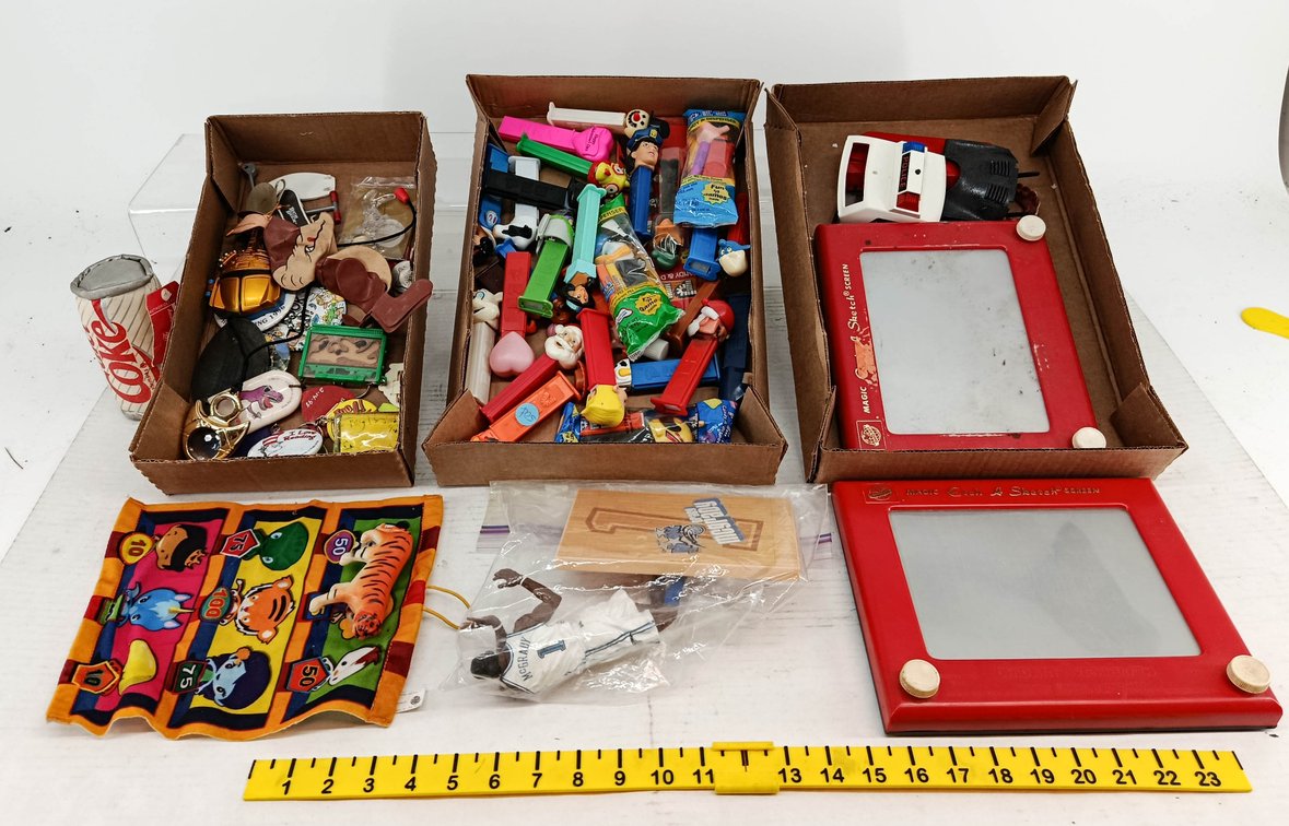 ASSORTED PEZ DISPENSERS SOME OBS, 2 OHIO ART ETCH A SKETCH SCREENS, KEYCHAINS, PINS, COKE CAN PLUSH & MCGRADY FIGURE  INV 260901053