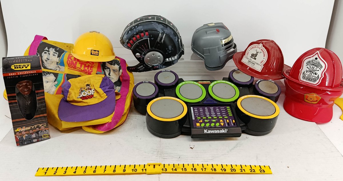 ASSORTED TOY HELMETS KAWASAKI MEGA DELUXE DRUM PAD BOB THE BUILDER HARD HAT GOOF TROOP CAP NEW KIDS BAG & JUSTIN TIMBERLAKE FIGURE OB  INV 260901052