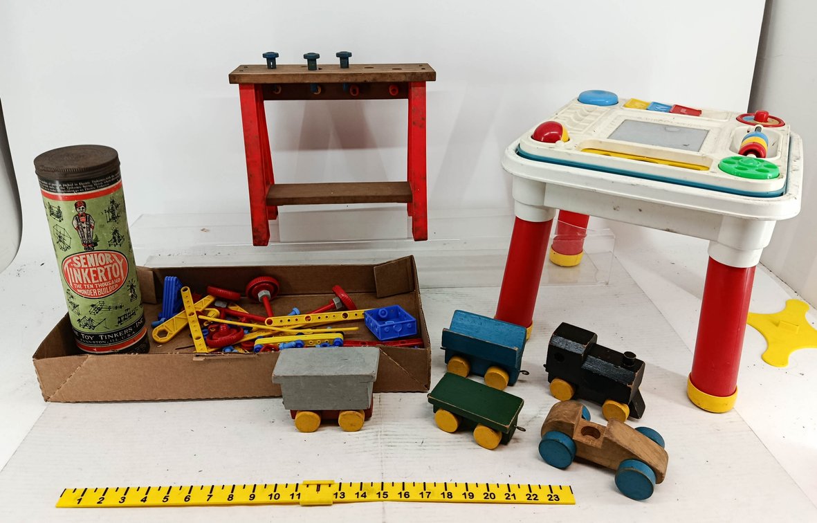 SENIOR TINKERTOY CANISTER NNC, FISHER-PRICE ACTIVITY TABLE, WOODEN TOY WORKBENCH & 5 WOODEN TRAIN & CAR TOYS  INV 260901065