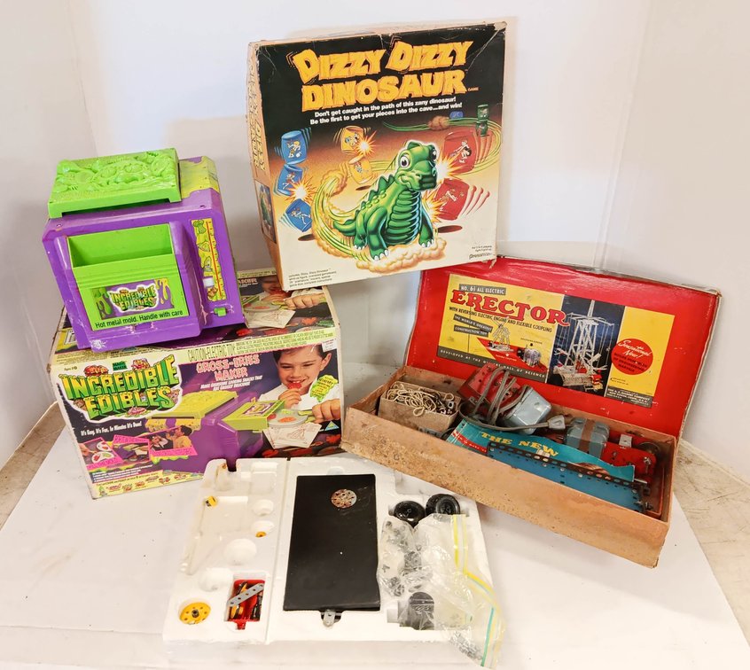 ERECTOR NO 6 1/2 ALL ELECTRIC SET, INCREDIBLE EDIBLES GROSS-ERIES MAKER & DIZZY DIZZY DINOSAUR GAME NNC 3 OB  INV 260901072