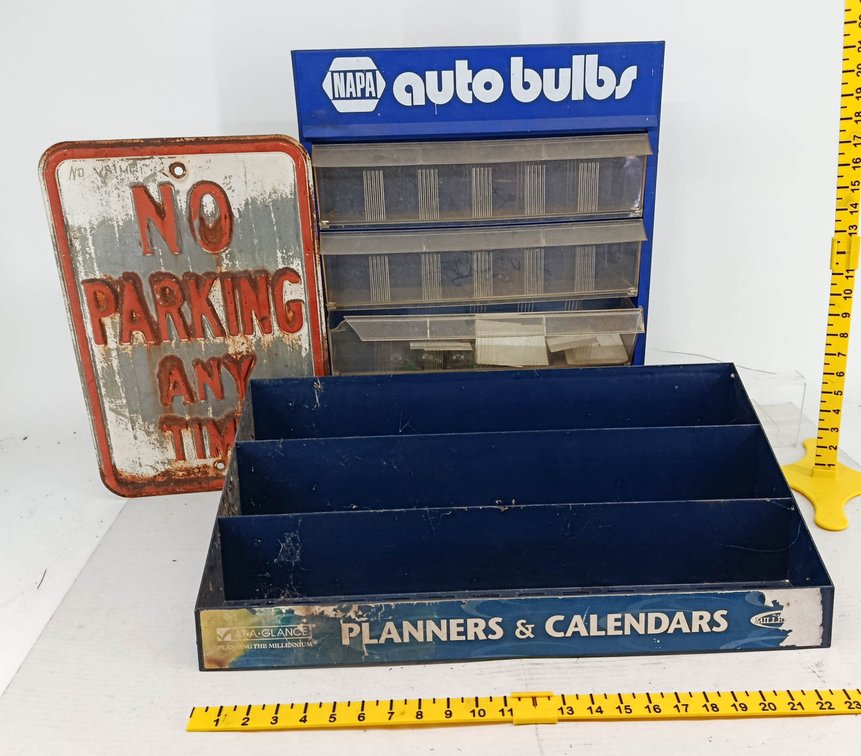 3 PIECES NAPA AUTO BULBS DISPLAY CABINET, AT-A-GLANCE PLANNERS & CALENDARS RACK & NO PARKING ANY TIME METAL SIGN  INV 260901073