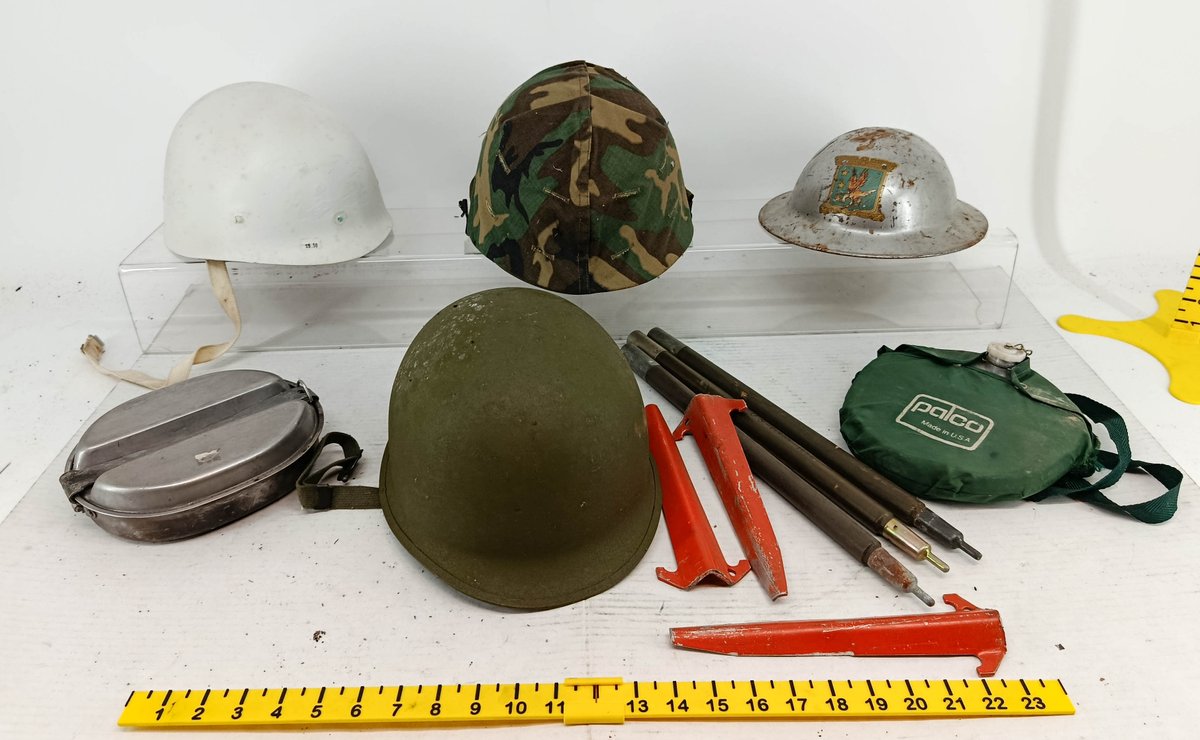 4 MILITARY HELMETS WHITE CAMO GREEN & SILVER FIGHTING SQUADRON, MESS KIT, PALCO CANTEEN & TENT POLES & STAKES  INV 260901077