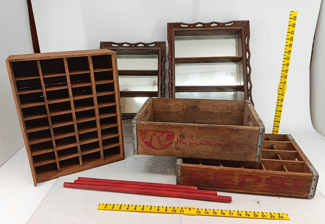 2 WOODEN WALL DISPLAY SHELVES & 2 WOODEN CRATES ROYAL CROWN COLA PEPSI WITH WOODEN CUBBY RACK & 3 RED DOWELS  INV 260901097