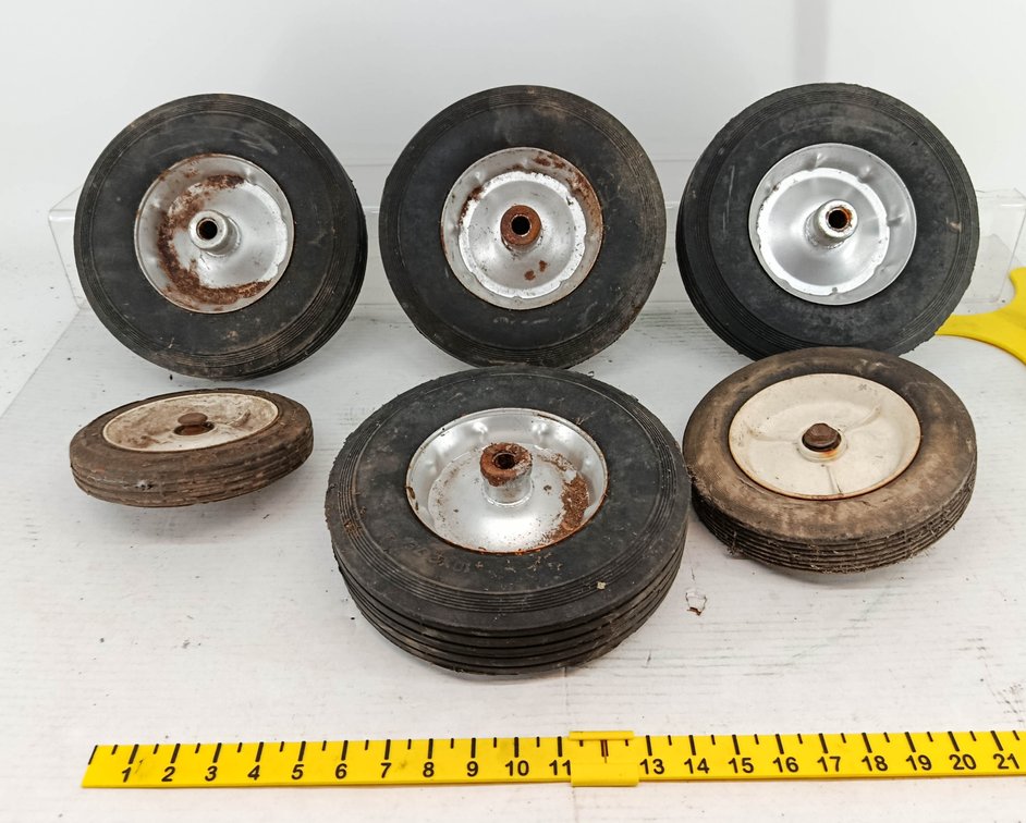 6 ASSORTED SOLID RUBBER TIRE WHEELS WITH METAL HUBS 6-10IN WHEELBARROW CART WHEELS  INV 260901100