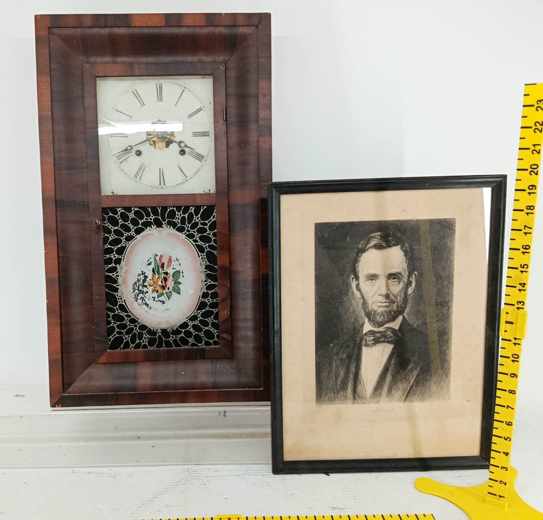 OGEE MAHOGANY WALL CLOCK WITH REVERSE PAINTED FLORAL GLASS & FRAMED A. LINCOLN ETCHING PRINT  INV 260901101