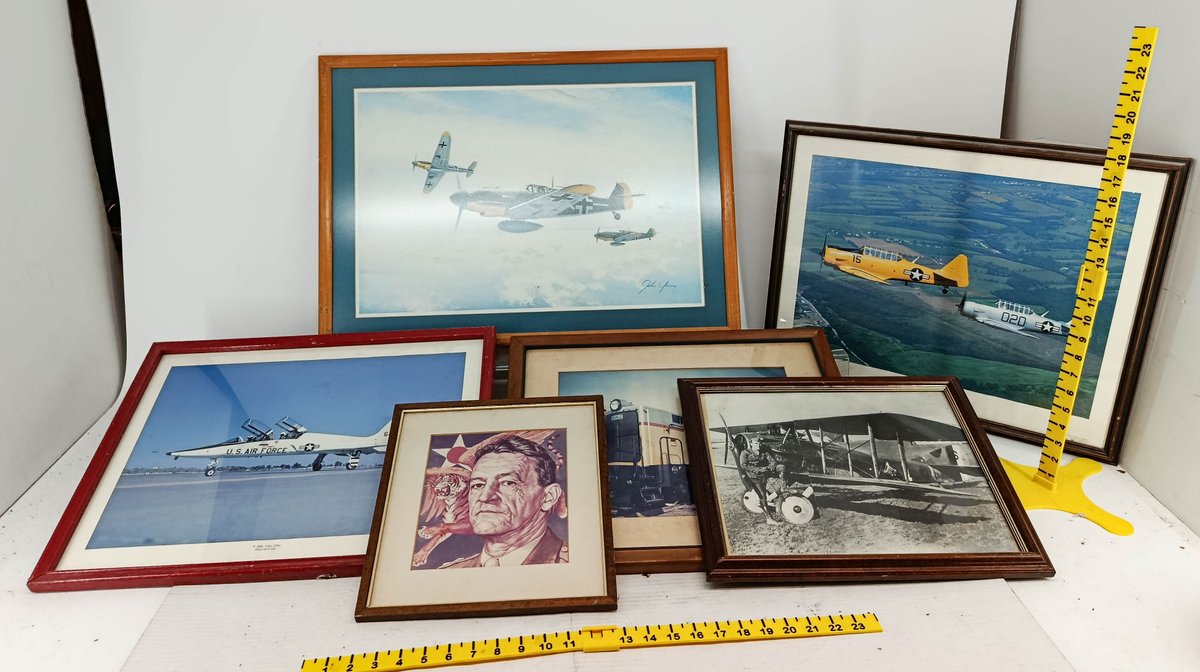 6 FRAMED AVIATION PRINTS & PHOTOS BF-109 T-38 TALON AT-6 TEXANS BIPLANE FLYING TIGER PORTRAIT LOCOMOTIVE  INV 260901115